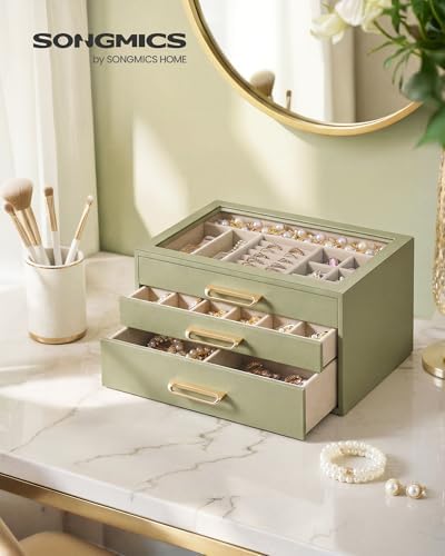 SONGMICS 3-Layer Jewelry Box with Glass Window, 3 Drawers, Golden Handles - Image 2