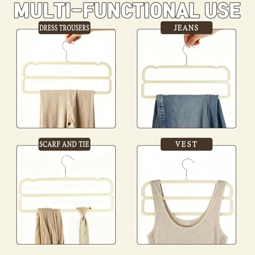 VSV stoage Velvet Pants Hangers with Double Non Slip Bar - Multiple Velvet Hangers for Closet - Thin Space Saving Clothes Hanger - 360° Swivel Felt Trouser Hanger Perchas Terciopelo 10 Pack (Beige) - Image 4