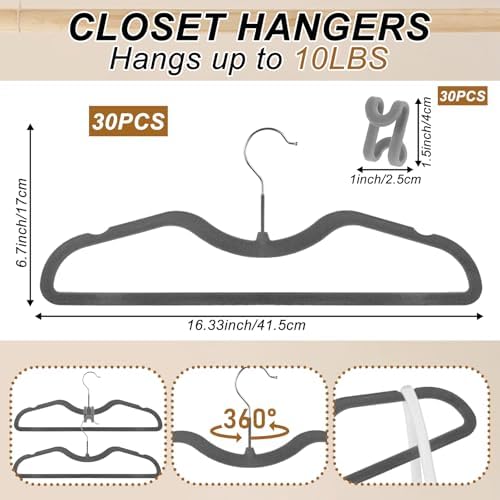 Pants Hangers Non Slip, 30 Pack Velvet Hangers for Closet with 30 Hooks, Slimline Space Saving Pants Hanger, Strong Durable Space Saving Flocked Hangaers for Pants/Shirts/Bra/Shorts (Grey-M-Shape) - Image 2