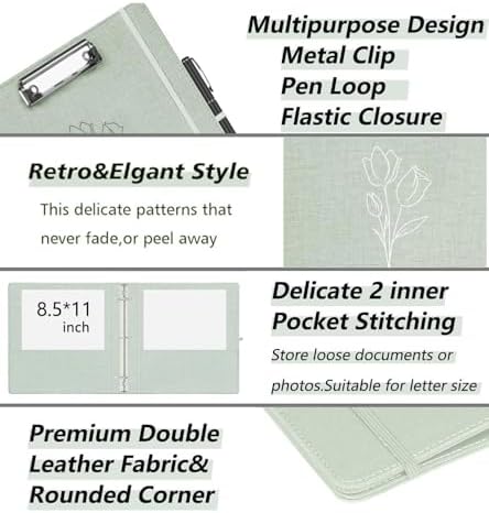 1 Inch 3 Ring Linen Binder Organizer, BVSSX Three Ring Binders with Clipboard, Plastic Folder, 5-Tabs Pocket Dividers with Sticker Labels, Pen Loop, Elastic Strap (Sauge, Letter Size) - Image 4