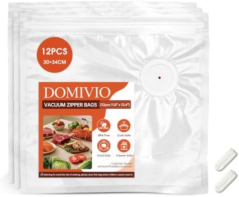 Reusable Vacuum Sealer Bags for Food, 12 Pack Large (11.8"x13.4") with 2 Clips, BPA-Free Vacuum Storage Bags, Freezer & Sous Vide Cooking, Compatible with Food Saver Vacuum Sealers by DOMIVIO