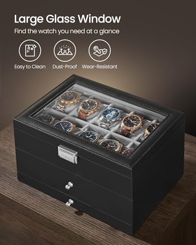 SONGMICS 20-Slot Watch Box, 3 Layers, Glass Lid, Lockable - Image 5