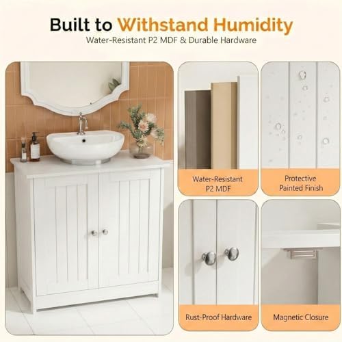 Bonnlo Pedestal Sink Storage Cabinet with 2 Doors Traditional Under Sink Cabinet Bathroom Space Saver Organizer with Adjustable Shelf White 23 5/8" W x 11 7/16" D x 23 5/8" H - Image 5