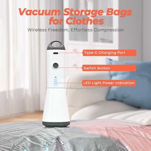 Vacbird Vacuum Seal Bags for Clothing with Rechargeable Cordless Pump, 12 Pack Compression Packing Bags, Space Saver Storage for Seasonal Clothes Bedding Blanket Pillows Comforters Luggage Travel - Image 3