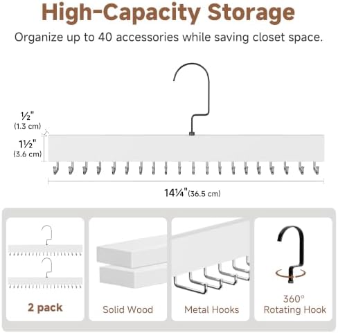StorageWorks Tie Hanger with 20 Swivel Hooks, 2 Pack Wooden Hanger, White - Image 2