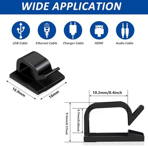 150 PCS Adhesive Cable Wire Clips Black, Outdoor Cable Management Wire Organizer Cord Holder for Under Desk, Car, Wall, TV PC Ethernet Cable (Black) - Image 2
