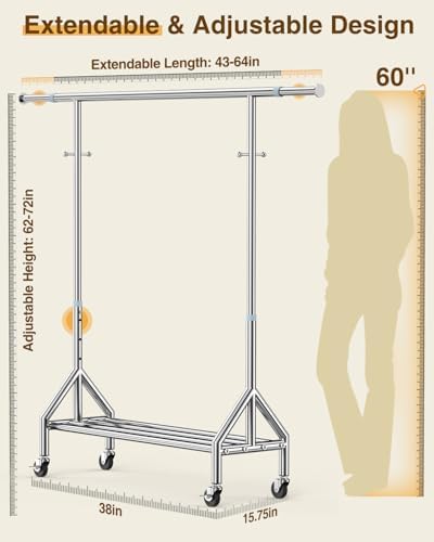 Upgraded 100% Stainless Steel Clothing Rack Load 760LBS, Heavy Duty Clothes Racks with Larger & Sturdy Wheel, Extendable & Adjustable Rolling Garment with Shelves for Hanging Portable Closet Rack - Image 6