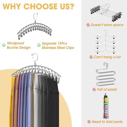 Upgrade Skirt Pants Hangers with Clips, Metal Legging Organizer for Closet with 15 Cilps Holds 60 Leggings/Shorts/Jeans/Skirts Pants Hangers Space Saving Closet Organizers and Storage, Grey 4Pack - Image 6