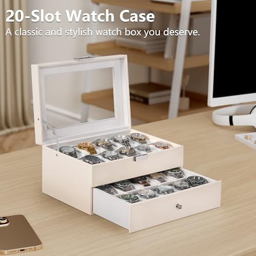 BEWISHOME Watch Case, 20-Slot Watch Box for Men with Large Glass Lid - Image 3