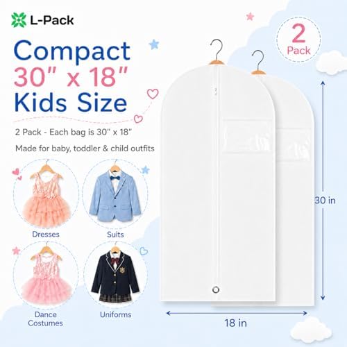 Kids Garment Bag with Clear Window, Hanging Clothes Storage Cover for Dresses, Suits & Dance Costumes, Breathable Travel Bag for Baby Toddler Child, 30" x 18", White, Pack of 2 - Image 2