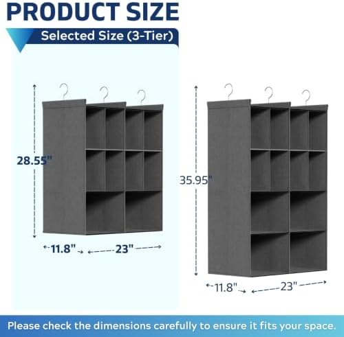 3 Tier Hanging Closet Organizer, 10 Compartments Dual Row Storage, Grey - Image 2