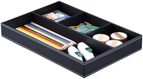 KINGFOM Pu Leather Desk Organizer Tray, 4 Compartment Office Storage Supplies Stationery Drawer Tray, Nightstand Bedside Tray for Key, Wallet, Sunglass, Watch, Coin, Phone Valet Tray Stackable Black - Image 3