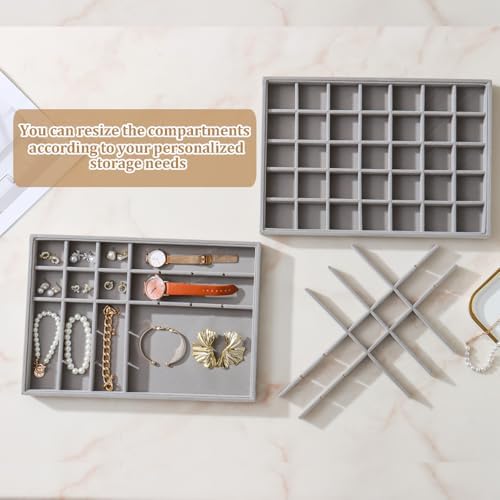 Large Jewelry Organizer for Drawer Insert Velvet Stackable Jewelry Trays for Earring Necklace Bracelet Ring Display (Gray, 35 Grids) - Image 2