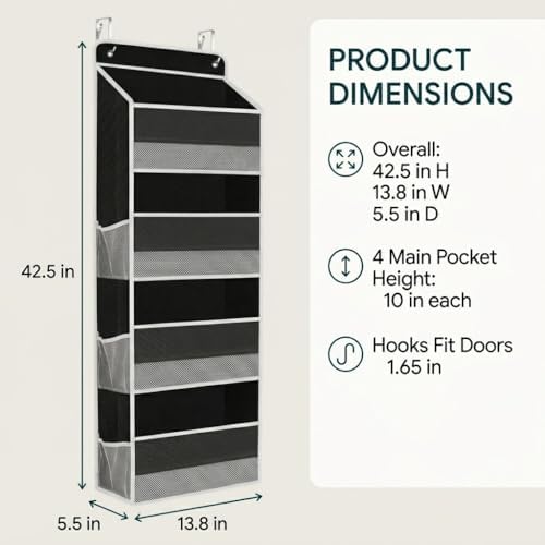 SUREMAX 42.5" Over The Door Organizer, 40 Lbs Heavy Duty Anti-Tilt Behind Door Storage with 4 Large Pockets and 6 Side Mesh Pockets, Hanging Closet Organizer for Bathroom, cabinet, Nursery and Pantry - Image 2