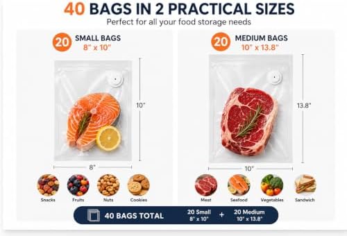 Vacuum Sealer Bags for Food, 40 Count Reusable Food Storage Bags with Air Valve, 20 Small +Medium ，Double-Zipper Bags for Meal Prep, Freezer Storage & Food Organization - Image 2