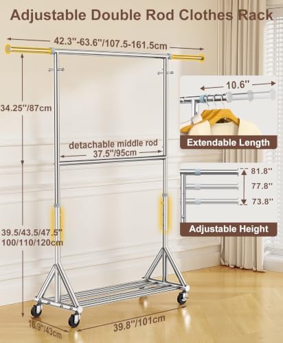 100% Stainless Steel Heavy Duty Clothes Rack Load 860 LBS, Two Tier Rolling Garment Rack with Wheels, Adjustable Double Rod Clothing Rack for Hanging Clothes, Closet Rack for Storage and Organization - Image 4