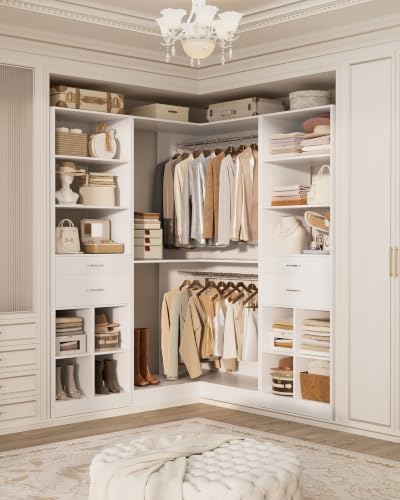 Besiost Closet System with 4 Drawers, 50.5" * 50.5"/ 31.5" * 69.5" Closet Organizer System with Corner Tower, L Shaped Walk-in Closet System, Corner Closet System with Shelves, Set of 3, White - Image 5