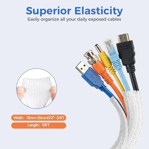 Delamu 10ft - 1/2 inch Cable Sleeve Cord Protector from Pets No Chew, Split-Braided PVC Wire Loom Tubing for Desk Computer USB TV Cord Organizer, Easy Set-up Cable Management Sleeve Kit, White - Image 2