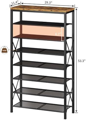 8 Tier Shoe Rack, Large Metal Shoe Organizer Holds 32 Pairs, Tall Shoe Stand for Closet Entryway Hallway, Rustic Brown - Image 3