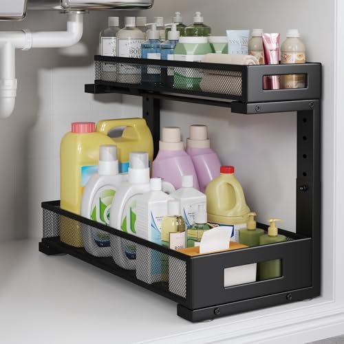 1 Pack 17IN Depth Under Sink Storage Organizer, Large 2-Tier Elegant Mesh Pull Out Shelf for Kitchen and Bathroom Cabinet Organization, L-Shaped and Adjustable Height Design-Black by UnderSinkOrganizer