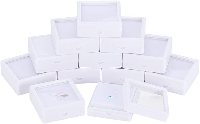 BENECREAT 12PCS Gemstone Display Box - 2" x 0.8" White Jewelry Box with Clear Lid for Gems, Rings, Earrings, Craft Storage
