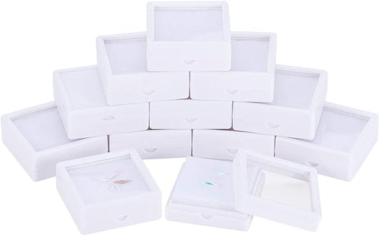 BENECREAT 12PCS Gemstone Display Box - 2" x 0.8" White Jewelry Box with Clear Lid for Gems, Rings, Earrings, Craft Storage