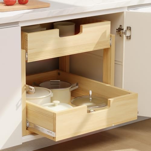 Pull Out Cabinet Organizer, 14''W×21''D Sliding Drawers for Cabinets, 2 Tier Soft Close Slide Out Wooden Pull out Drawers, Base Cabinet Organization for Kitchen, Pantry, Bathroom - Image 2