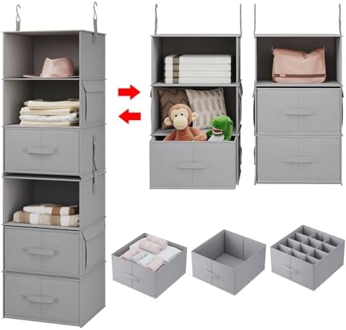 6-Shelf Hanging Closet Organizer with 3 Drawers, Separable, Medium Gray by Vailando