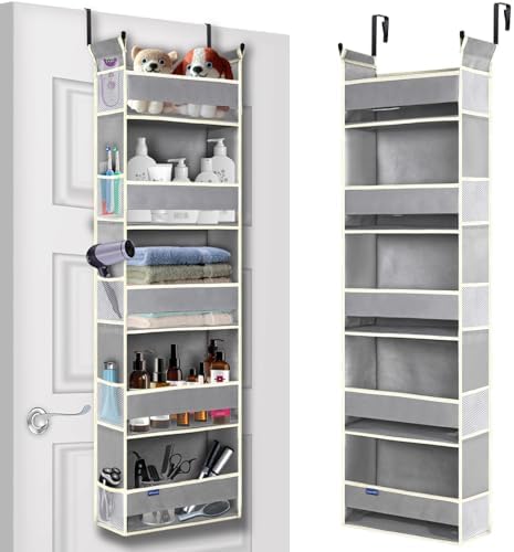 Over The Door Organizer 5-Shelves and 10 Side Pockets, Over The Door Storage for Bathroom Bedroom Nursery, Hanging Door Organizer for Baby Diapers and Kids Toys (13"x5"x44", Grey) by ROOMTALK