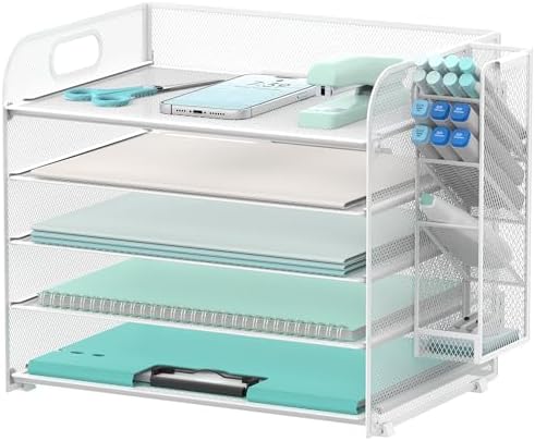5-Tier Paper Organizer for Desk with Pen Holders, Letter Trays, White by SUPEASY