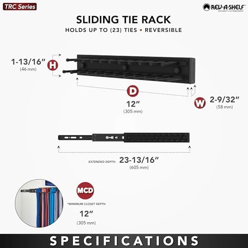 Rev-A-Shelf Pull Out 12" Side Mount Extending Closet Tie & Belt Organization Storage Rack Holder for Up to 23 Ties, Chrome, TRC-12CR - Image 6