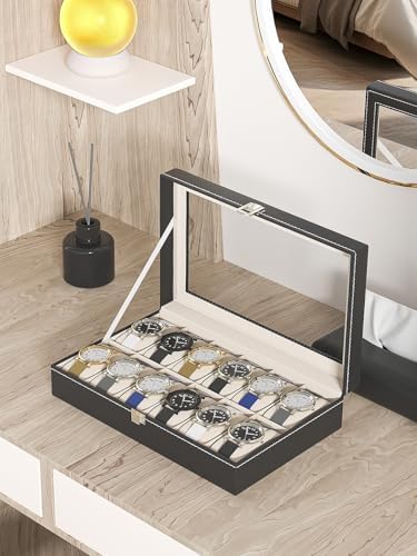 Watch Display Case For Men,Leather Watch Organizer Box,Watch Collection Storge Holder For Women,Watch Travel Organizer Tray (Black Leather, 12 slots), QF004 - Image 2