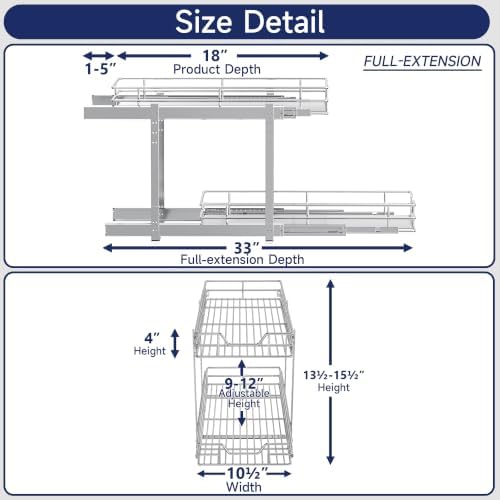 2-Tier Pull Out Cabinet Organizer, 10.5" W x 18" D, Heavy Duty Dual Slide Out Shelves for Narrow Base Cabinets, Chrome Wire Basket Drawer for Spices, Bottles & Snacks - Image 2