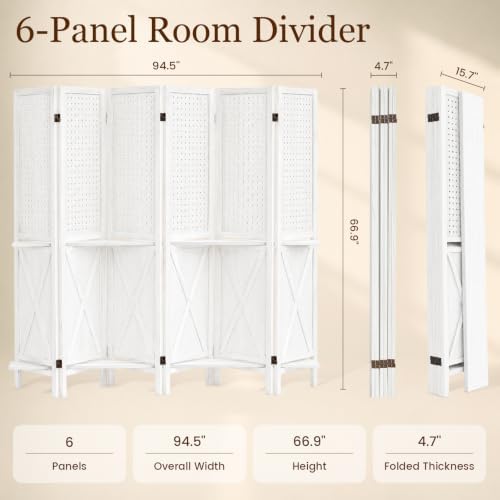 6 Panel Pegboard Room Divider with Shelves White - Image 2