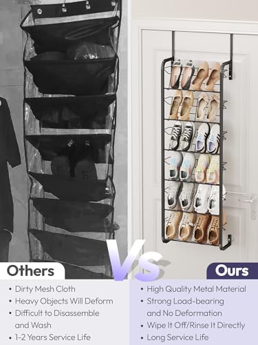SWTYMIKI Over the Door Shoe Organizer - 6 Tier Wall Mount Shoe Rack for Door Storage- Heavy Duty Metal Hanging Shoes Shelf for Flats, Heels, Sneakers, Boots Black - Image 4