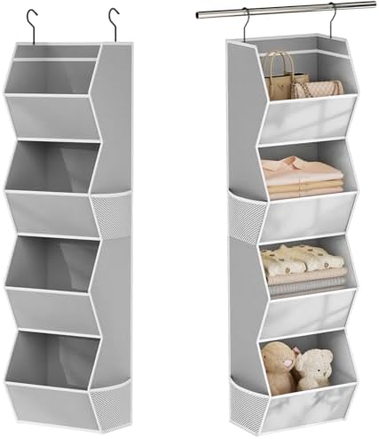 Hanging Closet Organizer 4 Shelf Collapsible Bedroom Closet Organizers and Storage Hanging with Mesh Pockets for Clothes, Fabric Hanging Storage Bins for Wardrobe Closet Organization and Storage, Grey by Wawocs