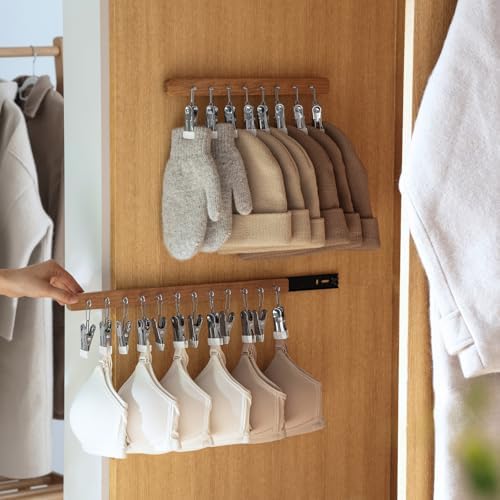 Pull Out Hat Rack for Closet, Sliding Hooks Hanger Rack with Clips for Bras Caps Underwear Socks Scarves Gloves Handkerchiefs, Dual Side 8 Clips Rail, 2 Pcs by MORNITE