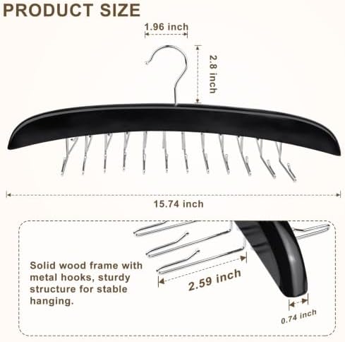 2 Pack Tie Rack Hanger, 24 Hooks Each, Space Saving Wooden Tie Organizer for Men, Holds Up to 24 Ties Belts Scarves, 360° Rotating Anti-Slip Rustproof Foldable Steel Hooks, No Wrinkles - Image 2