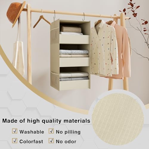 3-Shelf Hanging Closet Organizer, Washable Foldable Storage Shelves, Beige - Image 4