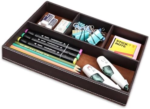 KINGFOM Pu Leather Desk Organizer Tray, 4 Compartment Office Storage Supplies Stationery Drawer Tray, Nightstand Bedside Tray for Key, Wallet, Watch, Coin, Phone Valet Tray Stackable - Image 5
