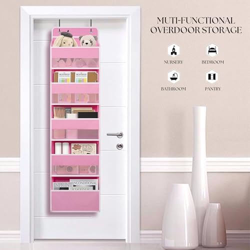 TYMENSH Pink Over Door Organizer with 5 Large Clear Pockets and 6 Side Mesh Pockets, Anti-Tilt Hanging Door Storage for Nursery, Bedroom, Bathroom, Closet, Toys, Baby Essentials - Image 3