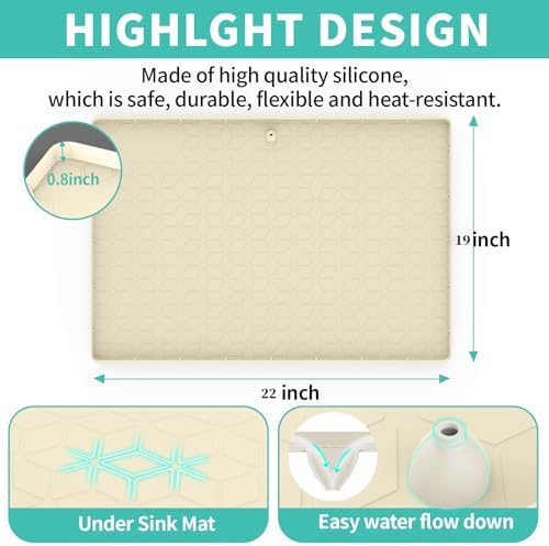 Under Sink Mat, 19"x22" Under Sink Mats for Kitchen, Silicone Waterproof Under Sink Liner, Sink Cabinet Organizer Tray with Drain Hole (Beige, 19X22) - Image 3