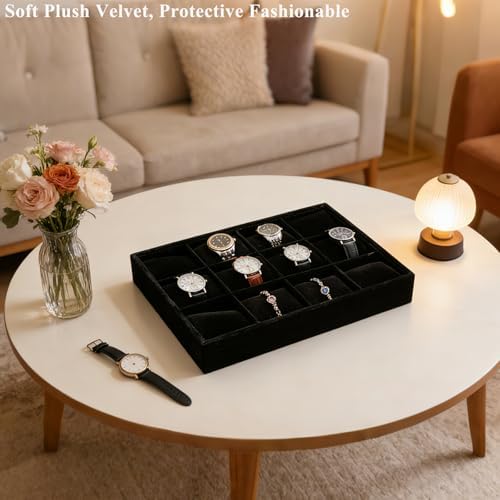 Jewelry Watch Tray, Black Velvet Watch Jewelry Organizer 12 Grid, Stackable Watch Bracelet Bangle Display Holder, Adjustable Pillows, for Man Woman Show Birthday - Image 3