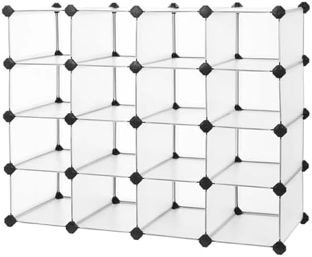 SONGMICS Shoe Rack with 16 Cubes, Interlocking Plastic Shoe Organizer, DIY Storage Cabinet for Closet Entryway Bedroom Garage, Space Saving Design, 12 x 35.1 x 27.2 Inches, Transparent ULPC445W02 by SONGMICSbySONGMICSHOME