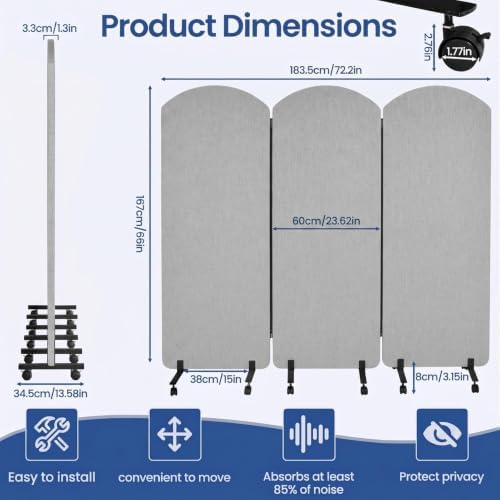 72 x 66 Inch 3 Panel Soundproof Room Divider with Wheels - Image 3