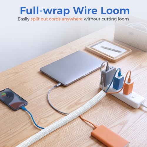 Delamu 10ft - 1/2 inch Cable Sleeve Cord Protector from Pets No Chew, Split-Braided PVC Wire Loom Tubing for Desk Computer USB TV Cord Organizer, Easy Set-up Cable Management Sleeve Kit, White - Image 3
