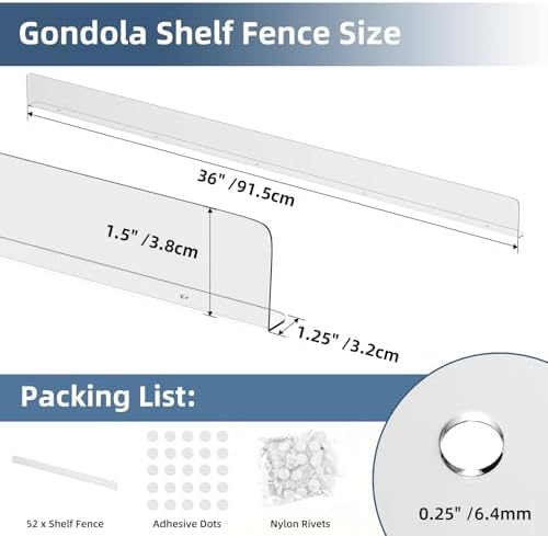 Nalwort 52 Pcs Retail Gondola Shelving Front Fence, Clear PET Shelf Fence with 1/4" Holes and Screws, Front Lips Barrier for Retail Store Display Rack, 1.5" H x 36" L - Image 2