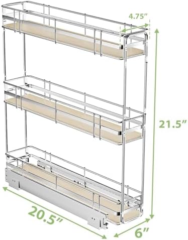 ROOMTEC 3-Tier Pull Out Cabinet Organizer Spice Rack for Narrow Cabinet 6" W x 20½" D, Slide Out Wood Shelves Storage for Kitchen - Image 3