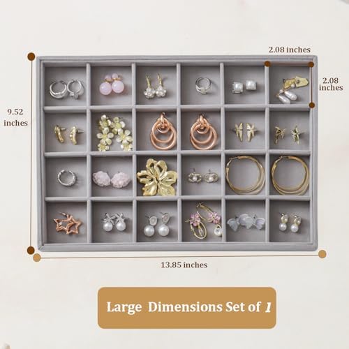 Large Jewelry Organizer for Drawer Insert Velvet Stackable Jewelry Trays for Earring Necklace Bracelet Ring Display (Gray, 24 Grids) - Image 3