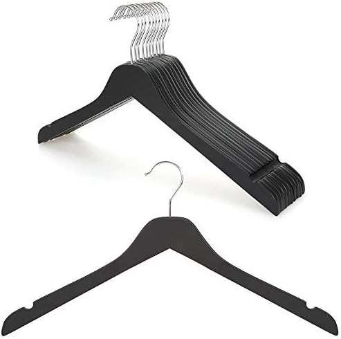 TOPIA HANGER Black Wooden Hangers, 0.28-inch Slim Wood Clothes Hanger with Flat Design and Smooth Notches, Lightweight Space Saving Hangers for Shirt, Coat, Camisole, 10 Pack-Matte Black, CT29B by TOPIAHANGER